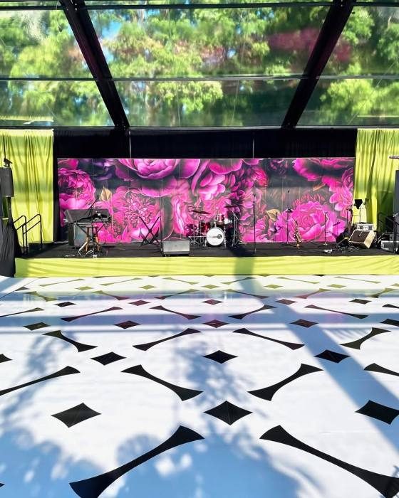 Black and white geometric floor wrap at The Mint Museum